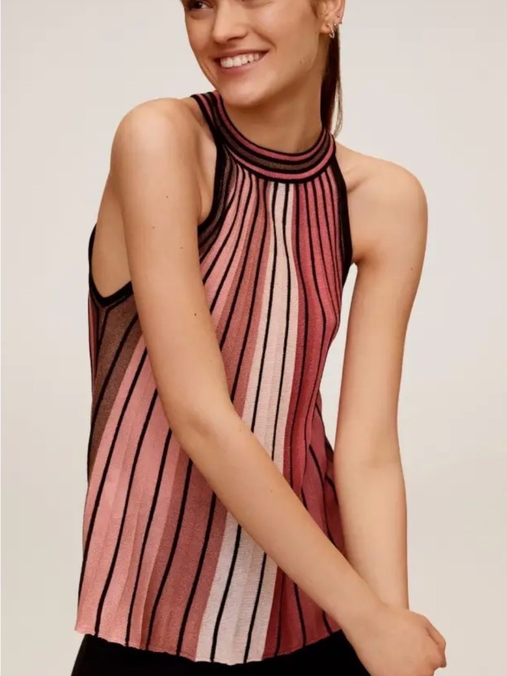 Mango Striped Ribbed Halter Tank in Pink, Coral and Black